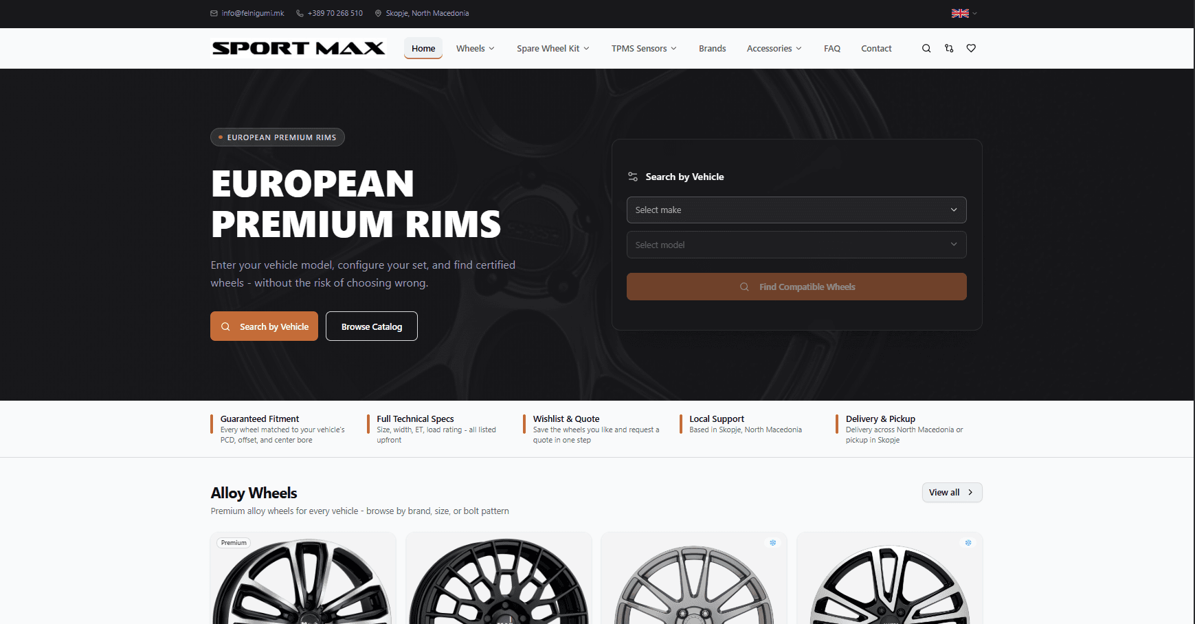 Sportmax — the search-by-vehicle panel above the fold on felnigumi.mk
