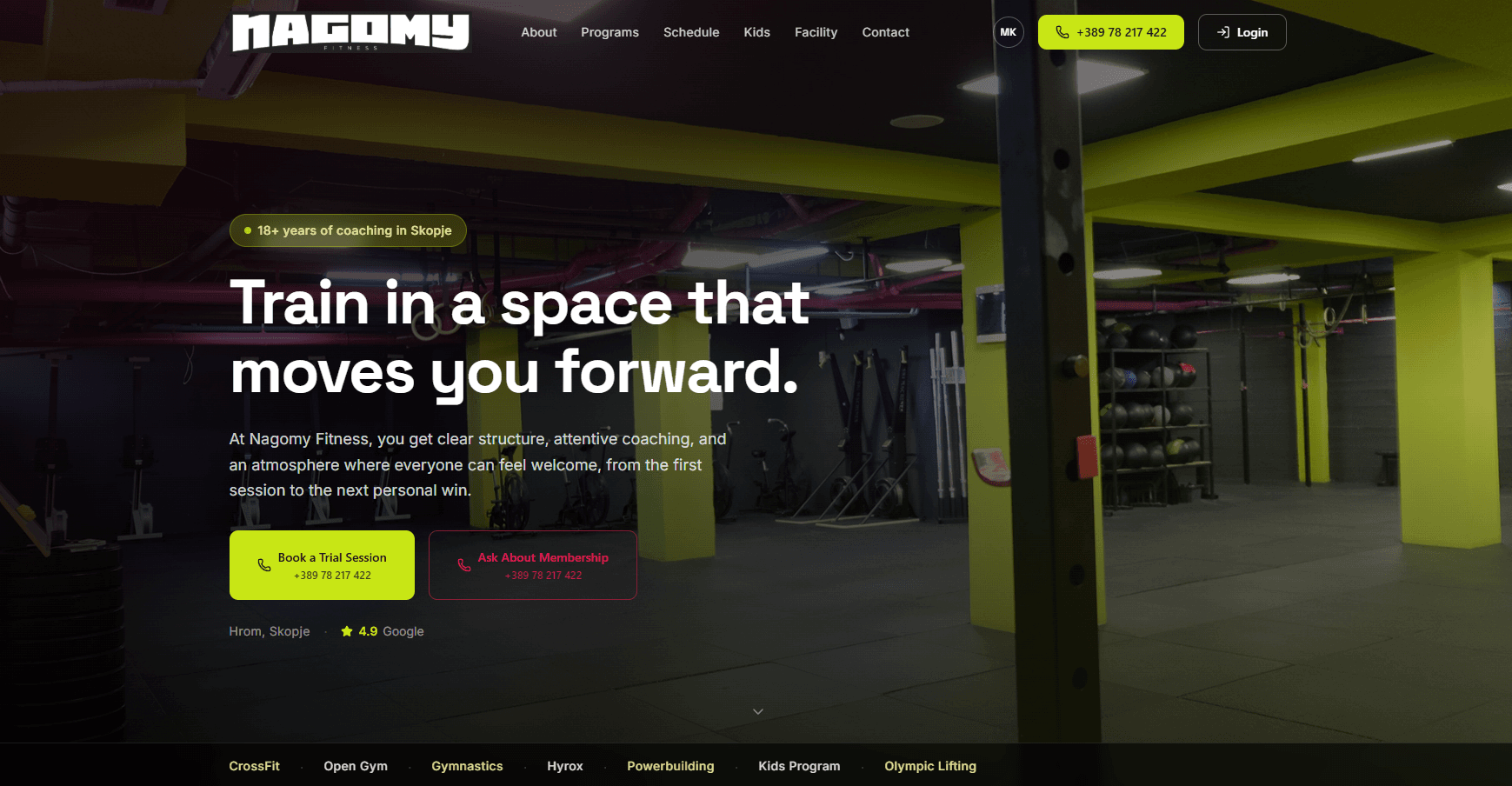 Nagomy Fitness — the homepage hero and its tap-to-call next step