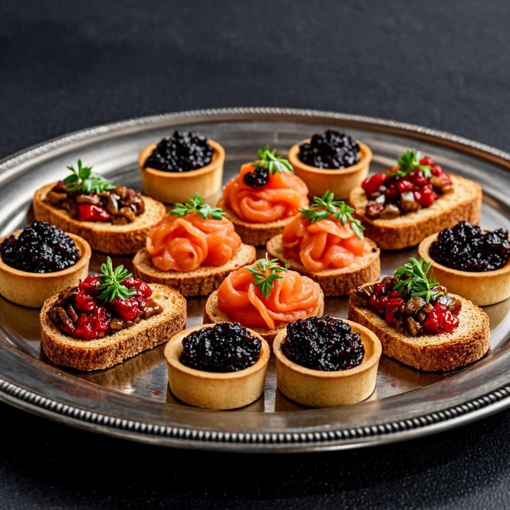 Assorted luxury canapés arranged on a silver tray