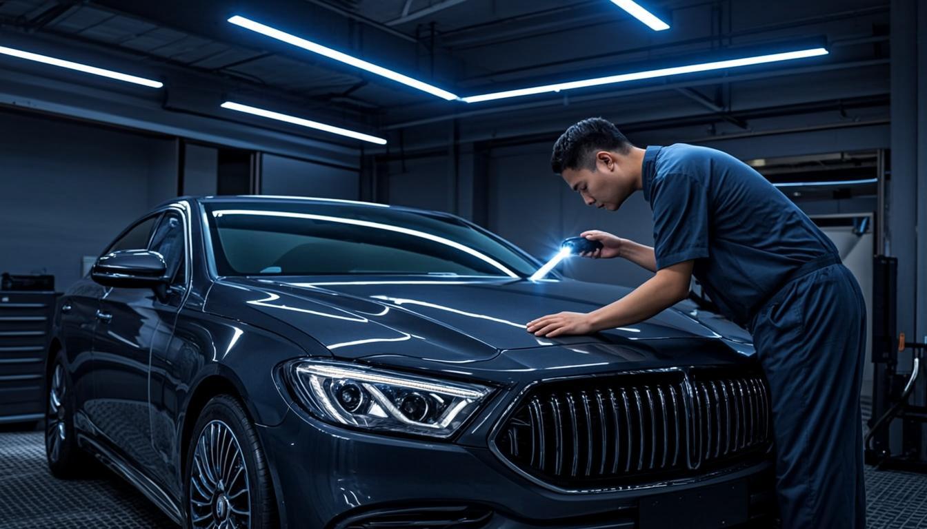 A vehicle panel being inspected under high-intensity LED lighting