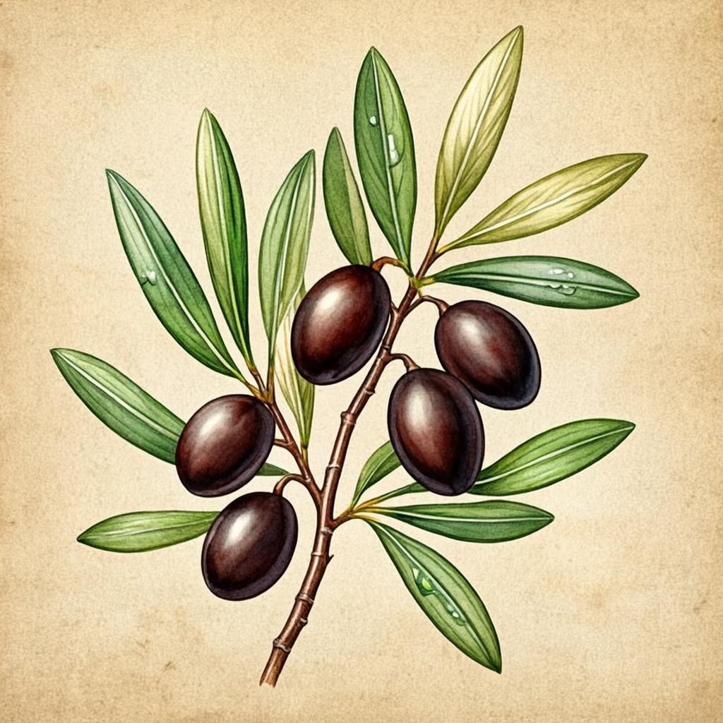 Botanical illustration of olive branches with ripe fruit