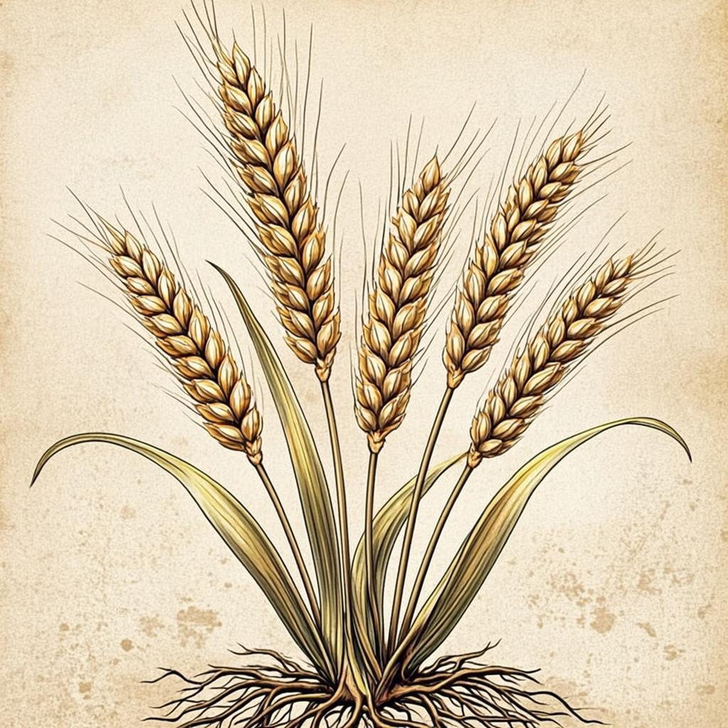 Botanical illustration of heritage wheat stalks in golden light