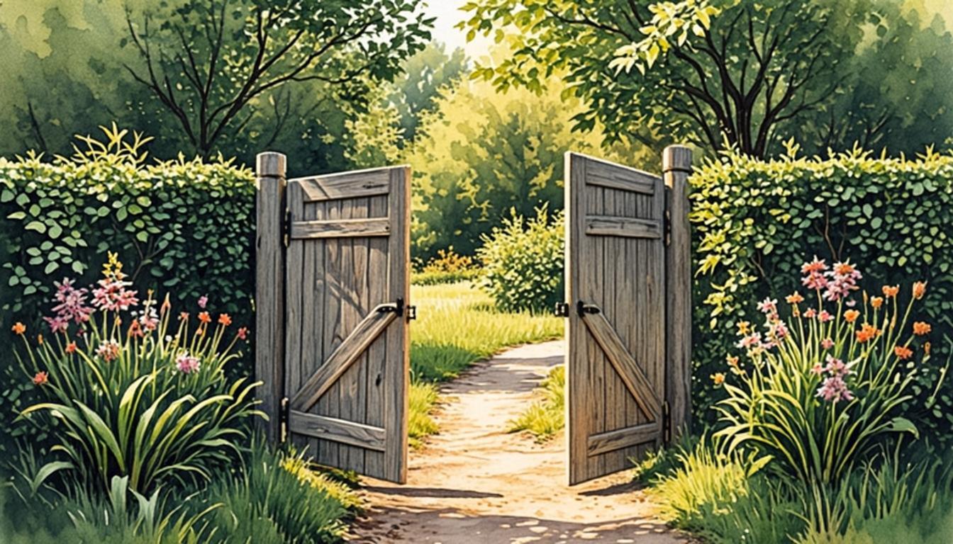 Half-open farm gate in a sunlit hedgerow