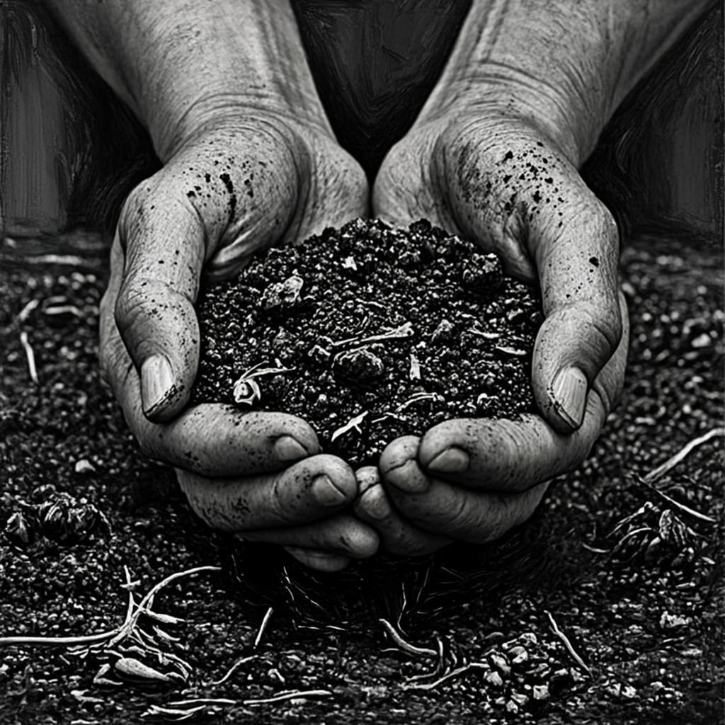 Charcoal drawing of weathered hands holding soil