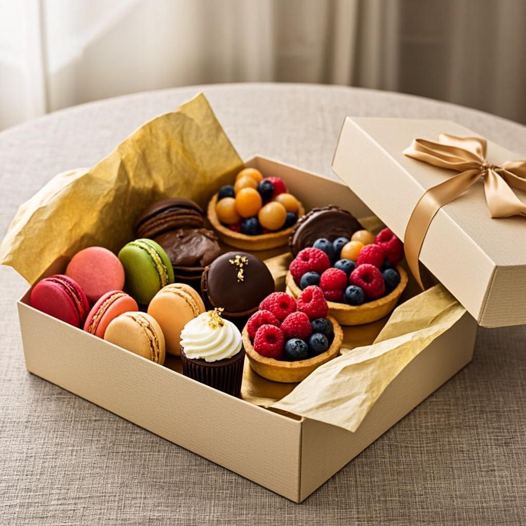 Curated gift boxes from Maison Dorée — seasonal pastries, tartlets, and macarons beautifully packaged