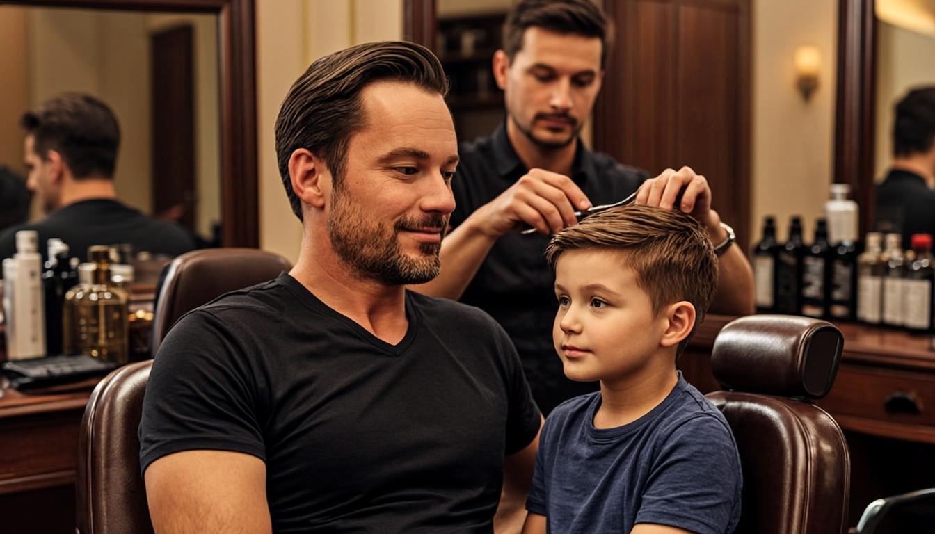 Father and son haircut moment at Crown & Blade Barbershop