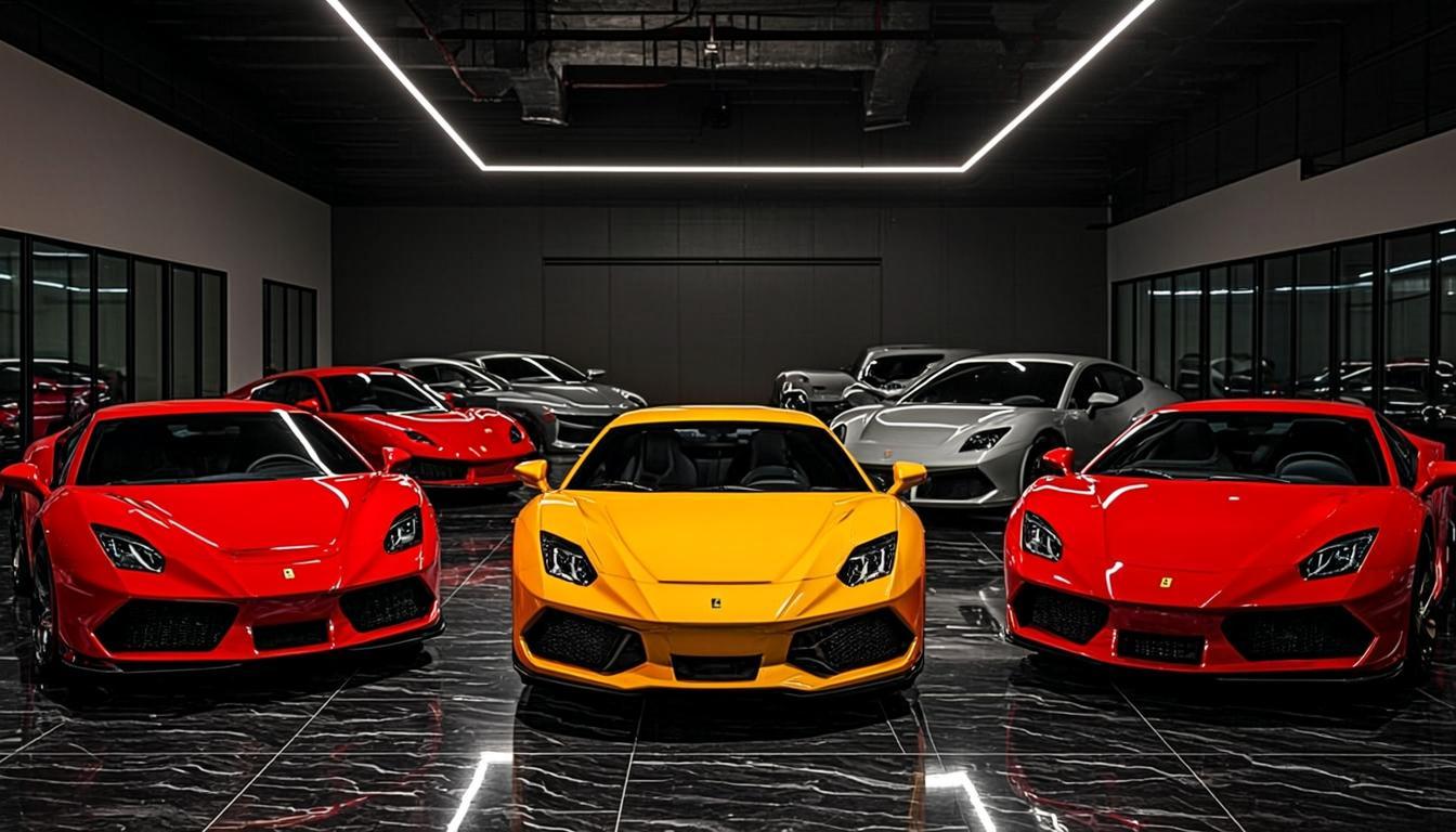 Lineup of exotic supercars at Apex Surface Atelier studio