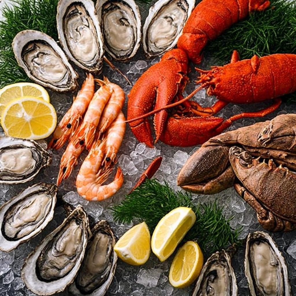 Fresh seafood platter with oysters, lobster, and prawns on ice