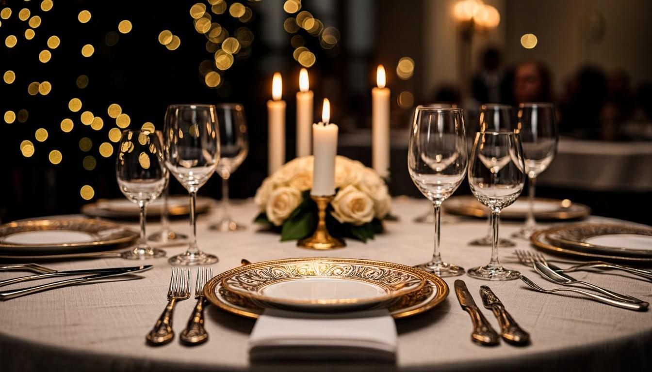 Elegant catering table setting with crystal glasses, gold cutlery, and white linen