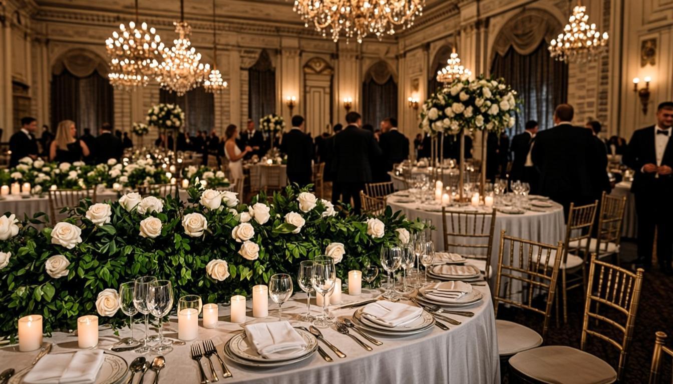 Elegant wedding reception with floral centerpieces and champagne