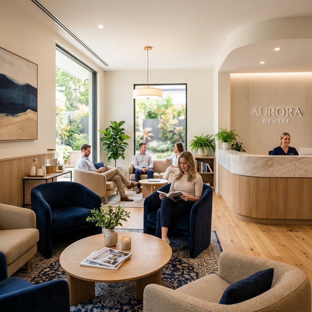 Clean, modern, and warm dental clinic waiting area