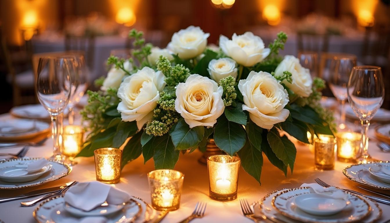 Wedding reception table with floral centerpieces