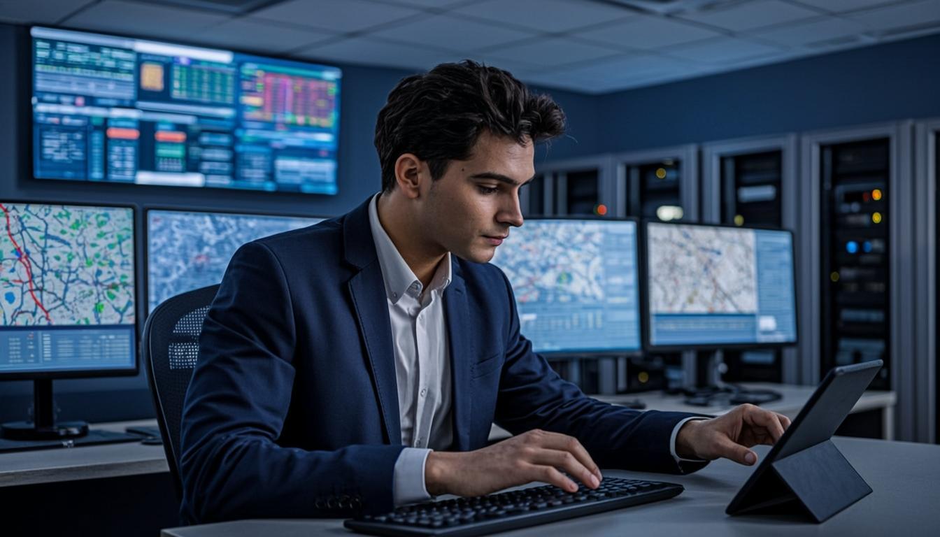 Freight dispatch control room with tracking monitors