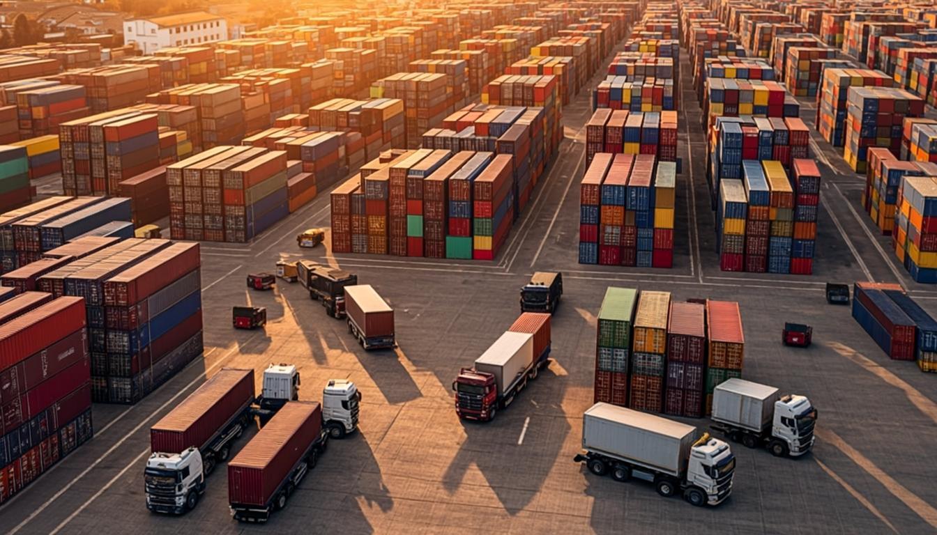Freight terminal with organized container rows and active loading operations