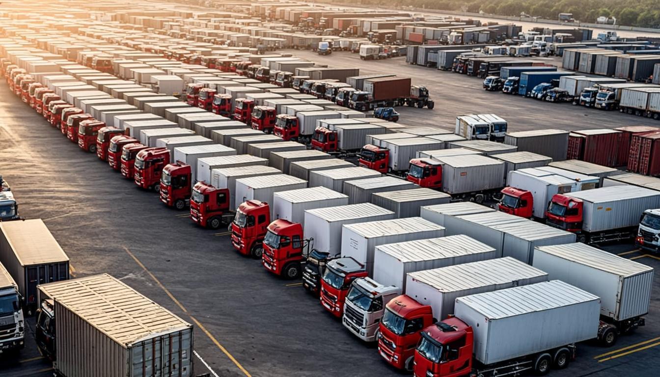 Fleet of trucks at freight depot