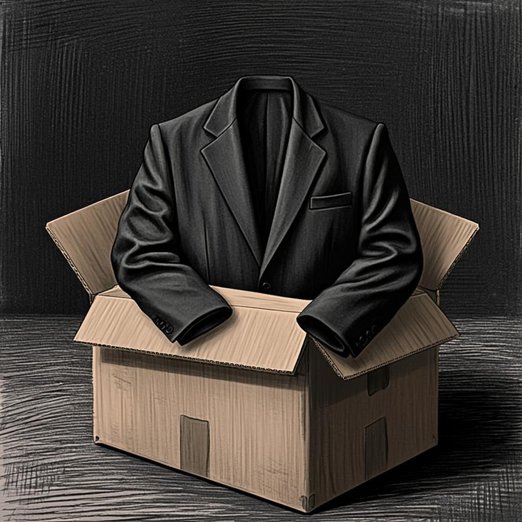 Charcoal sketch of a suit jacket draped over a moving box — the weight of transition