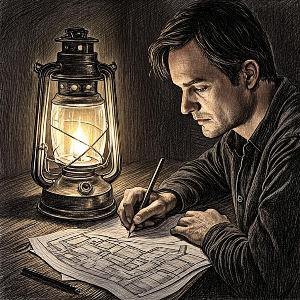 Charcoal sketch of a hand tracing a floorplan alone at night — searching in the dark