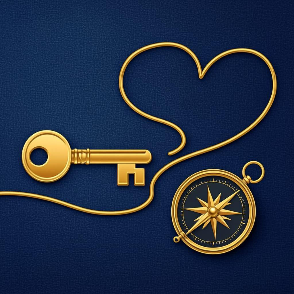Gold foil key, compass, and heart — symbols of home, direction, and belonging