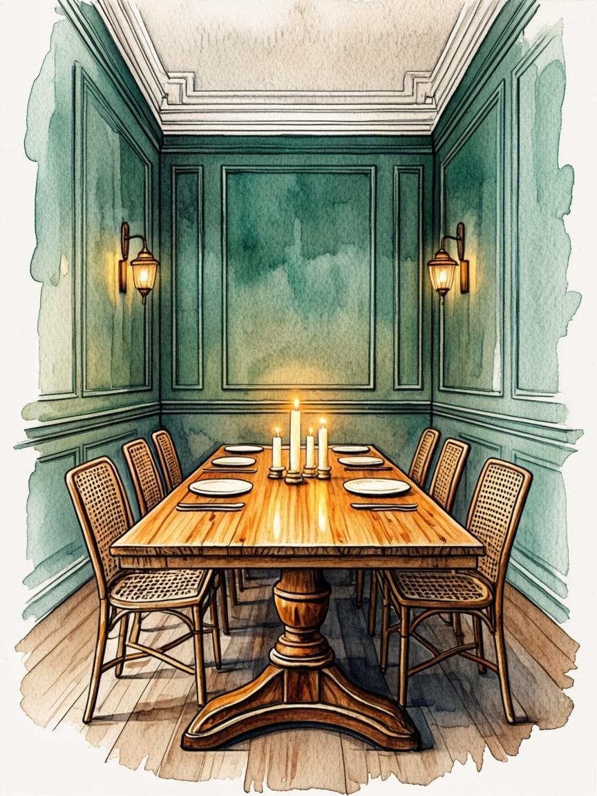 Watercolor of a dining room with a long table and warm candlelight