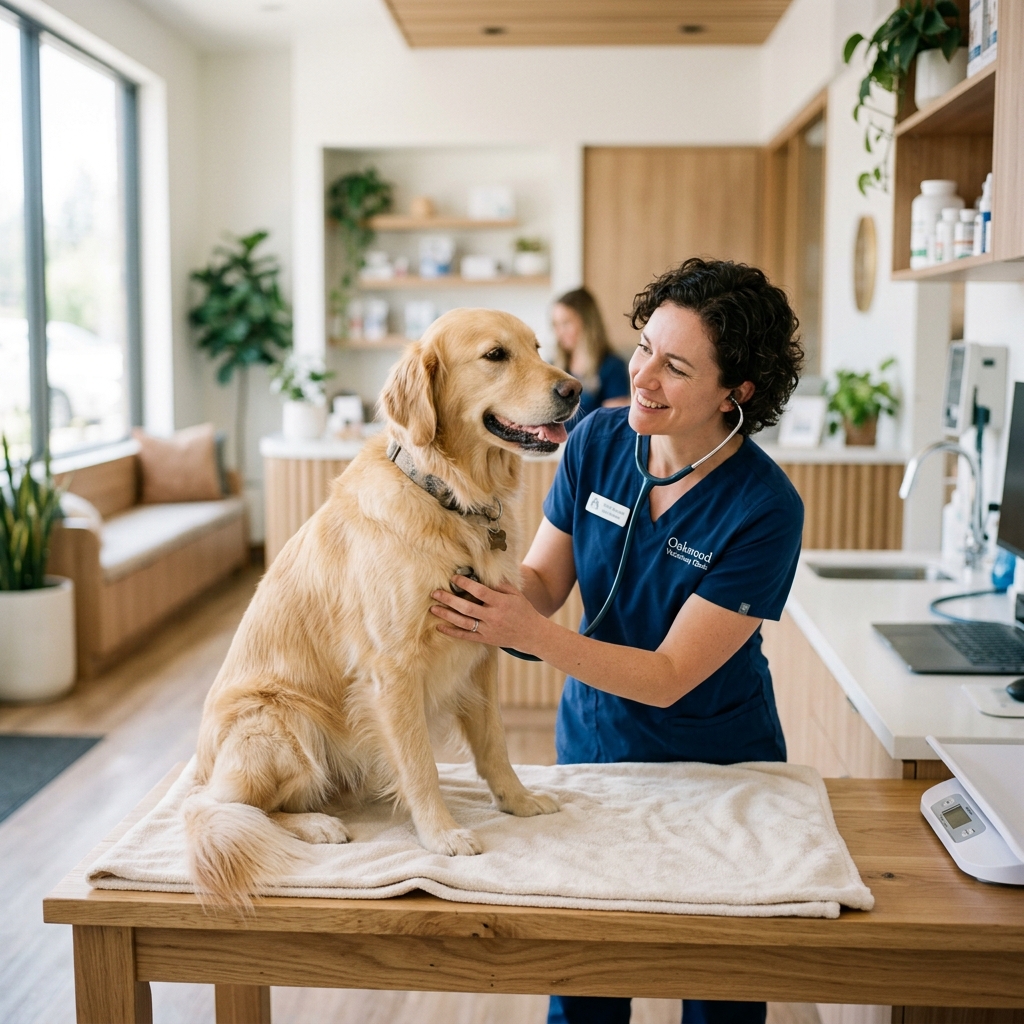 Veterinarian gently examining a golden retriever dog