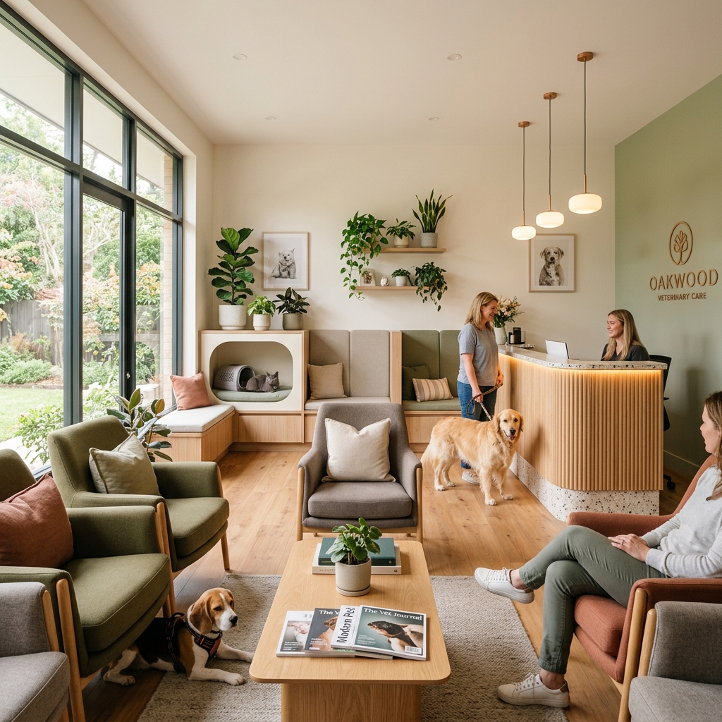 Clean, modern, and warm veterinary clinic waiting area