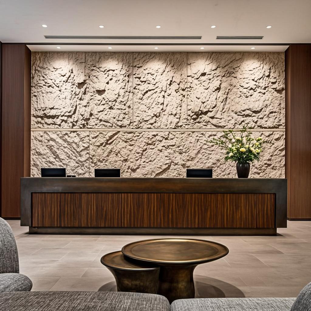 A luxury boutique hotel reception salon with custom reception desk in dark walnut and aged bronze